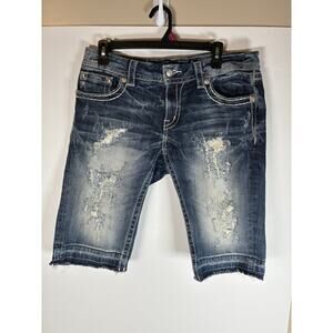 Miss Me Classic Bermuda Jean Shorts Womens 30 Distressed Dark Wash Raw Hem Jorts